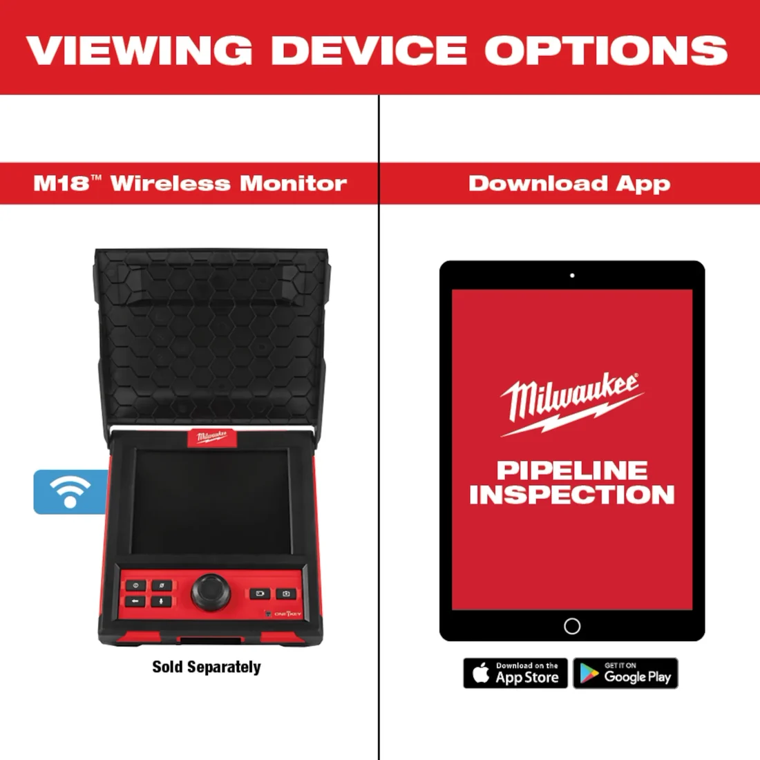 Viewing options: the wireless monitor, or the manufacturer's inspection app on your own phone or tablet