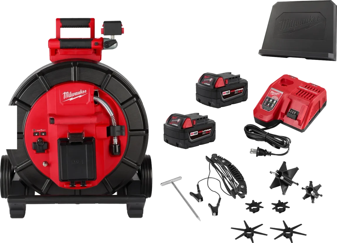 Complete pipeline inspection camera system with reel, control hub, batteries, charger and skids